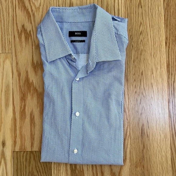 Hugo Boss mens SZ 17, blue combo slim fit long sleeve shirt. Dress Shirts